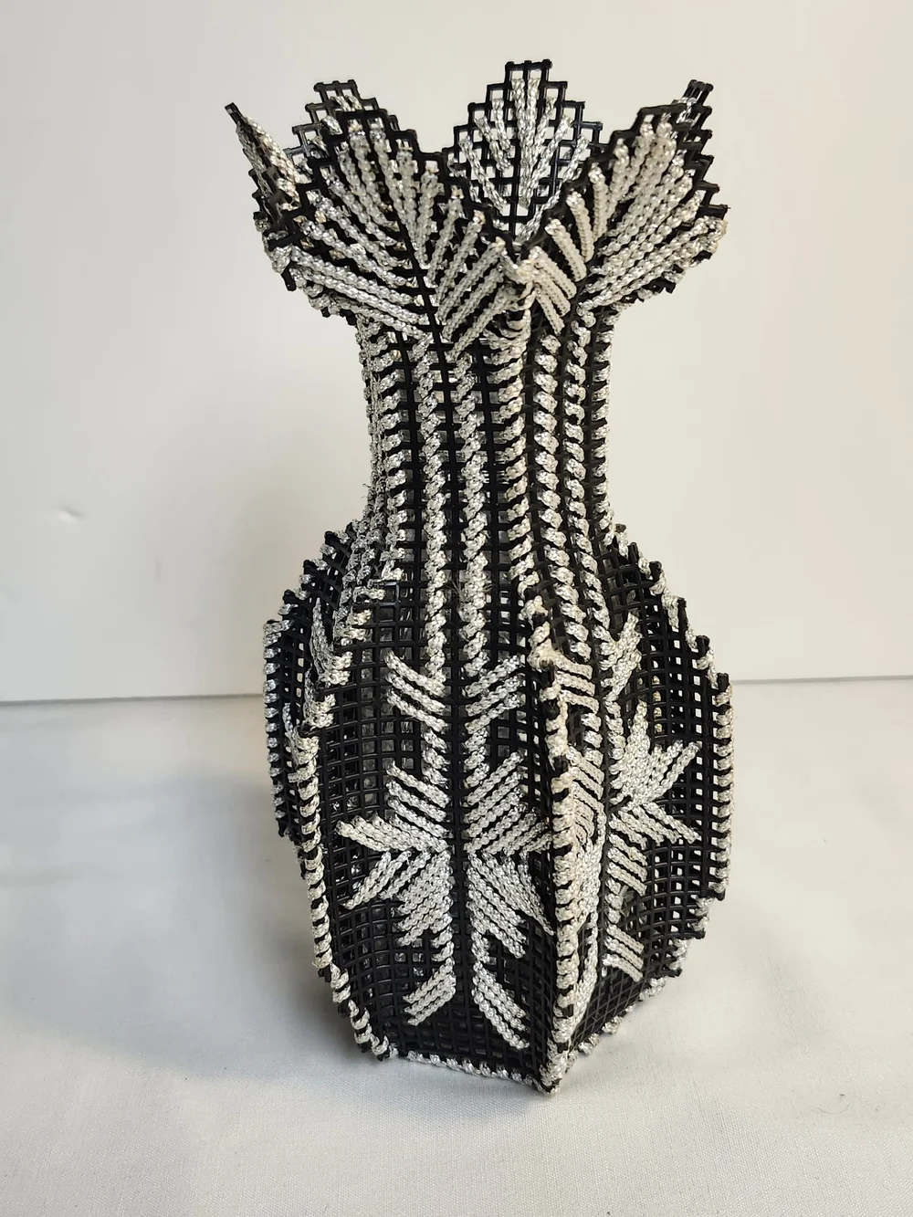 Black Plastic Loom Vase With Sparkling Silver Thread Design